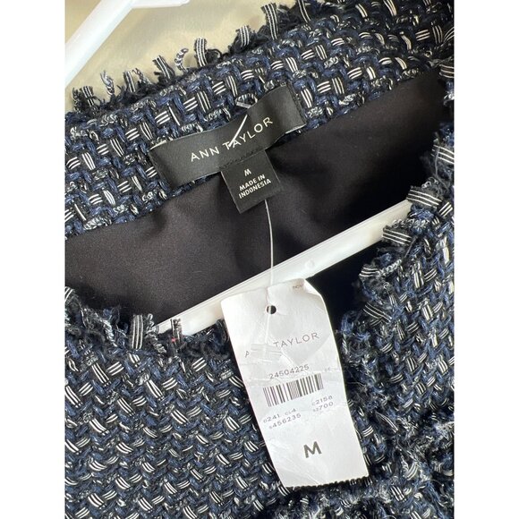 Ann Taylor Tweed Ruffle Fringe Coat Women M Navy Blue Career Academia Preppy NEW - Picture 6 of 9